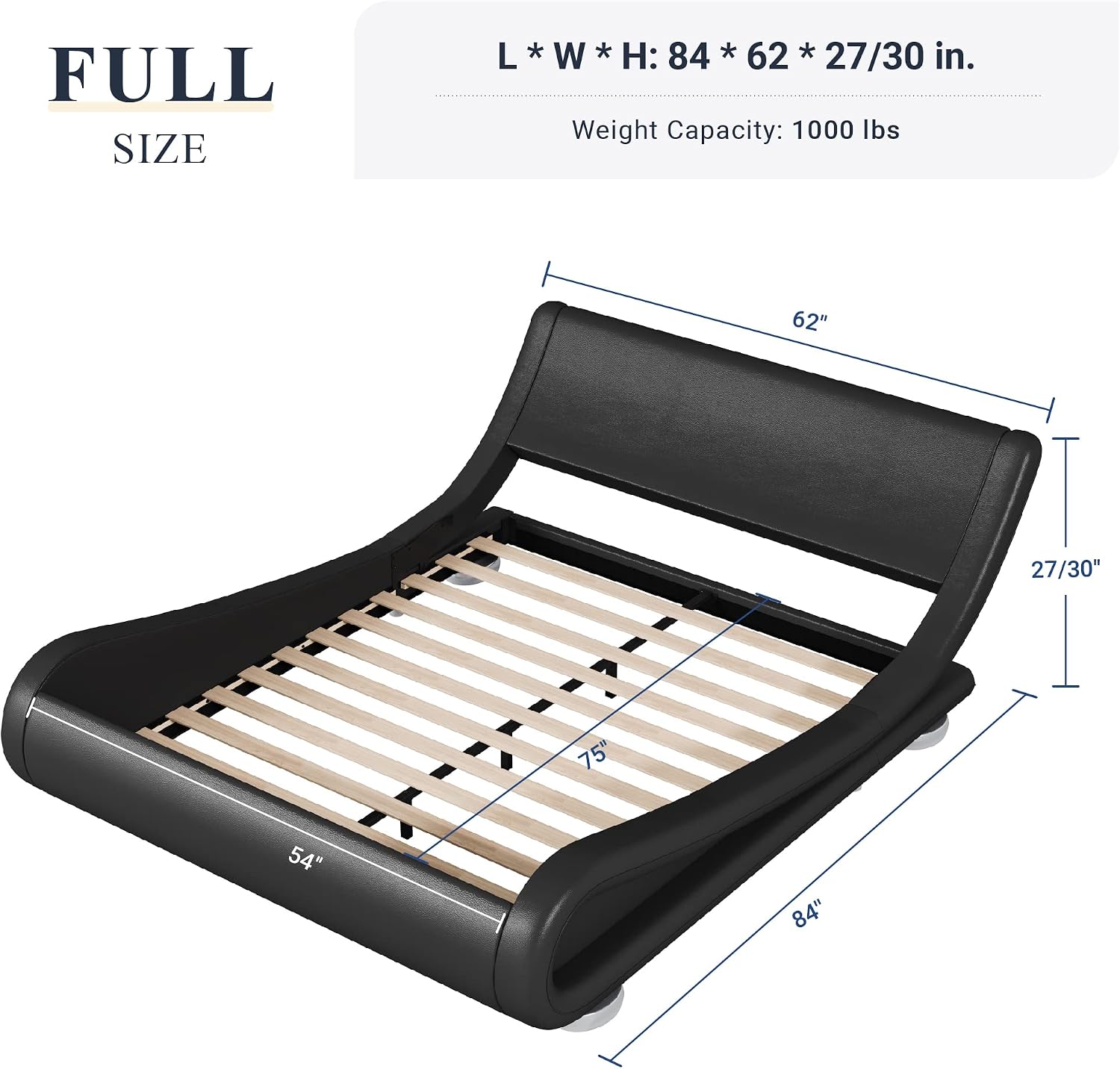 Allewie Full Size Upholstered Platform Bed Frame with Adjustable & Ergonomic Headboard, Low Profile Sleigh Design for Modern Bedroom - Easy Assembly, No Box Spring Needed, Black