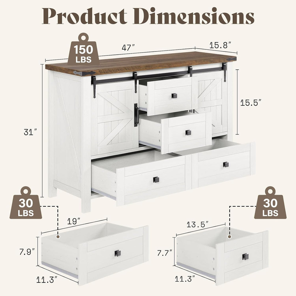 AMERLIFE 4-Piece Farmhouse Bedroom Set in Distressed White, Full Size Bed Frame with Bookcase Headboard, 5-Drawer Tall Dresser, 47'' Dresser with 4 Drawers, 60' Dresser with 4 Drawers
