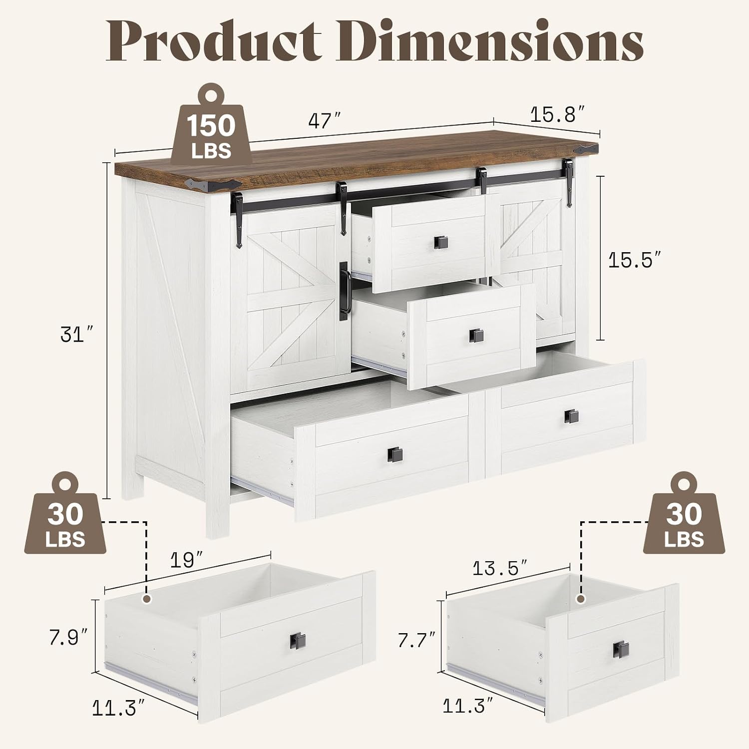 AMERLIFE 4-Piece Farmhouse Bedroom Set in Distressed White, Full Size Bed Frame with Bookcase Headboard, 5-Drawer Tall Dresser, 47'' Dresser with 4 Drawers, 60' Dresser with 4 Drawers