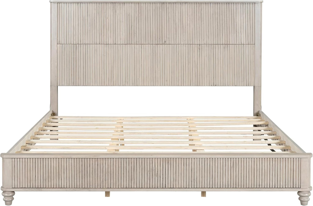 3-Pieces Bedroom Sets, King Size Platform Bed with 2 Nightstands, Solid Wood Platform Bed Frame with Tall Headboard and Classic American Turned Legs (Beige-5.25, King)