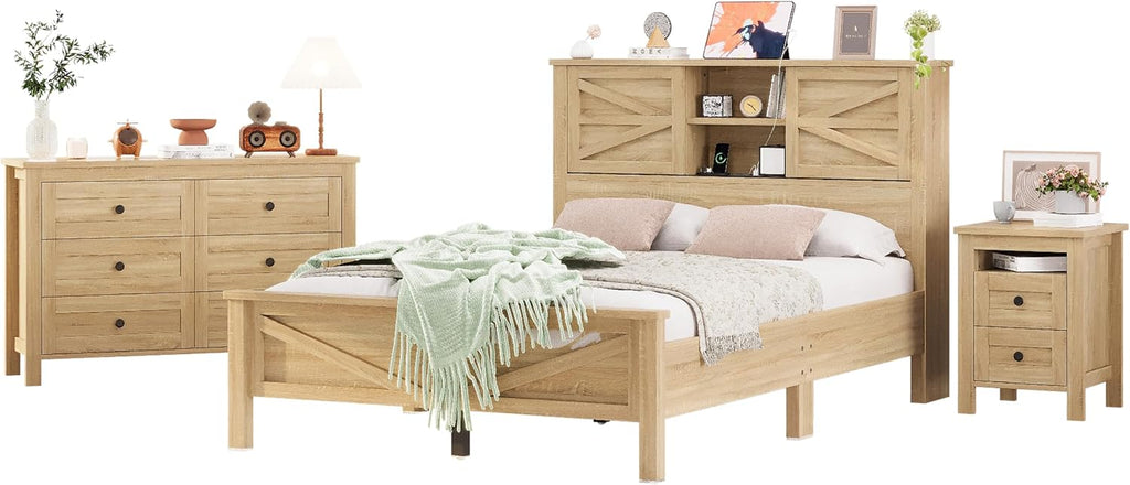 SOFTSEA 3 Pieces Farmhouse Bedroom Set, Full Size Platform Bed with a Nightstand and 6-Drawer Dresser, Wood Platform Bed with Sliding Barn Door Headboard and Charging Station, Natural
