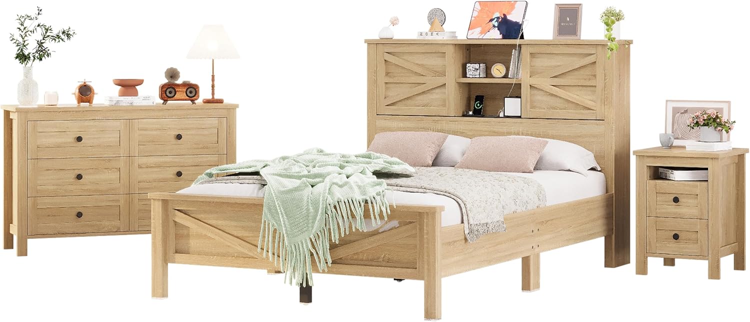 SOFTSEA 3 Pieces Farmhouse Bedroom Set, Full Size Platform Bed with a Nightstand and 6-Drawer Dresser, Wood Platform Bed with Sliding Barn Door Headboard and Charging Station, Natural