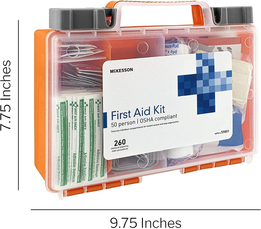 McKesson First Aid Kit, 260 Pieces, OSHA Compliant 50 Person Kit for Car, Home, Office, Camping, Travel, Case of 12