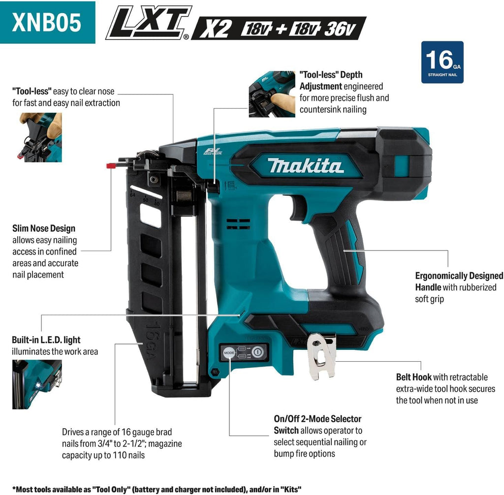 Makita XNB05Z 18V LXT® Lithium-Ion Brushless Cordless 2-1/2' Straight Finish Nailer, 16 Ga., Tool Only