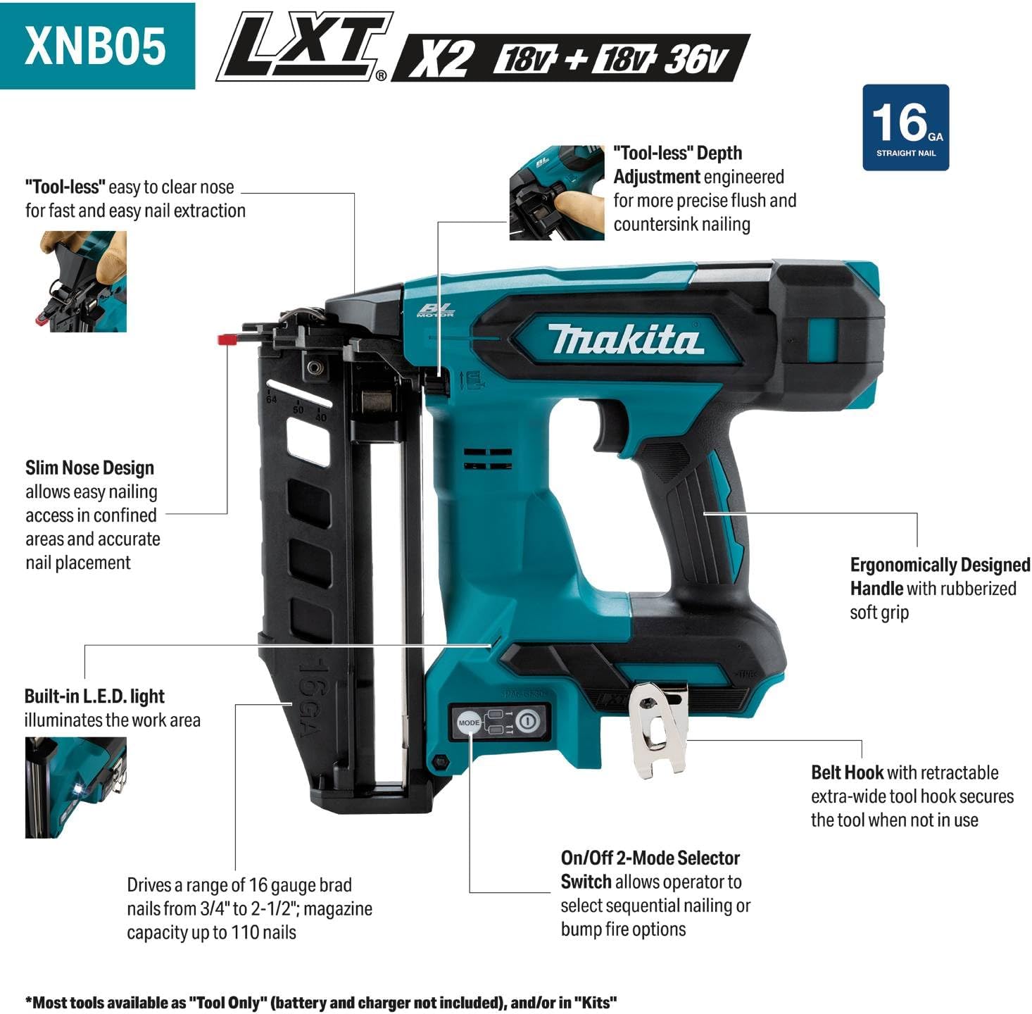 Makita XNB05Z 18V LXT® Lithium-Ion Brushless Cordless 2-1/2' Straight Finish Nailer, 16 Ga., Tool Only