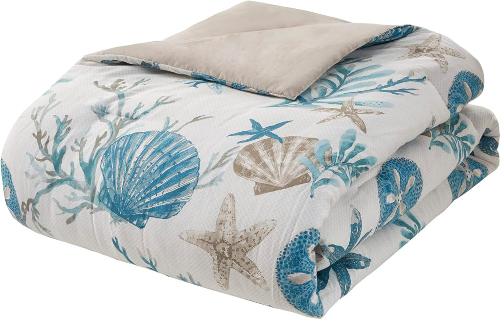 Madison Park Pebble Beach 100% Cotton Comforter Set - Coastal Coral, Starfish Design All Season Down Alternative Cozy Bedding with Matching Shams, Decorative Pillow, Queen(90'x90') Aqua 7 Piece