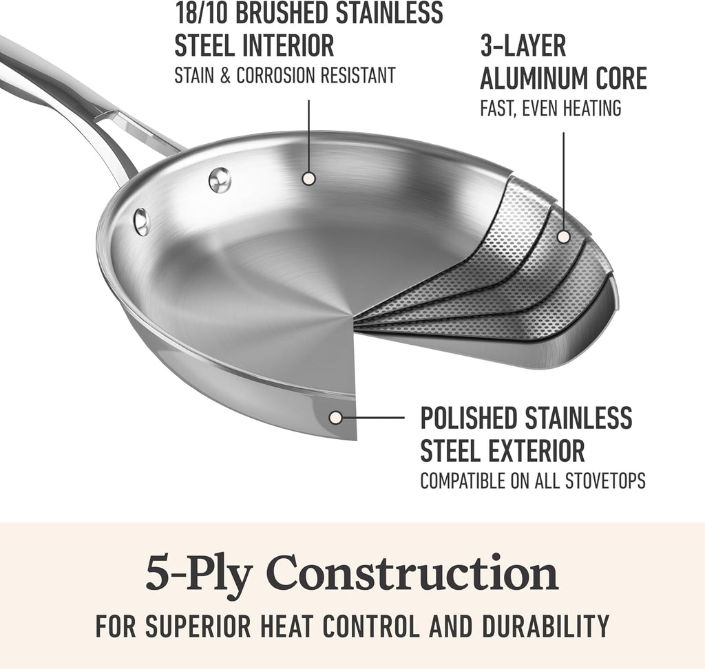Calphalon Premier Polished 5-Ply Stainless Steel Cookware Set w/Turbo Heat Tech 4.5Qt Chef's Pan with Lid, Induction, Oven Safe 500F, PFOA Free, Polished Stainless Silver