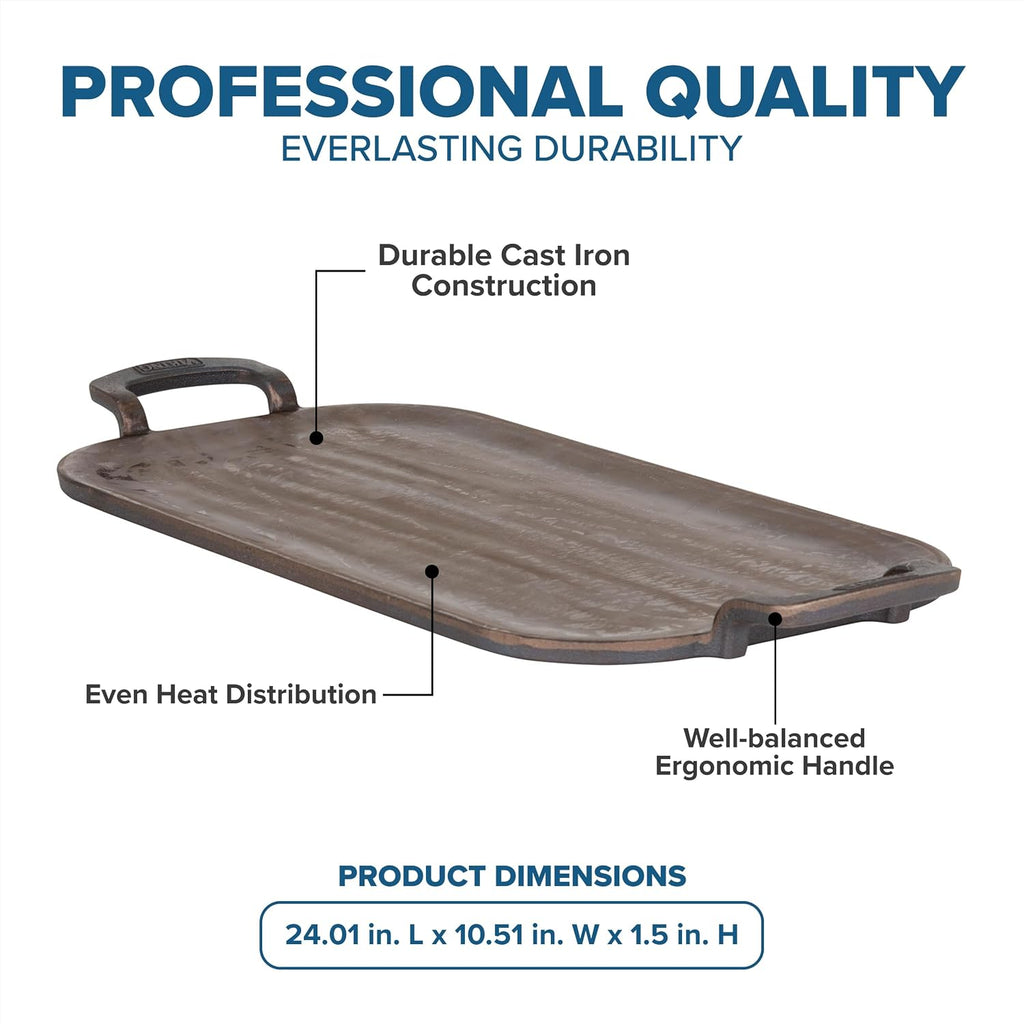 Viking Nonstick Double Burner Griddle, 24 Inch Bronze Cast Iron Grill Pan, Made without PFAS, Induction Compatible, Oven Safe to 500F