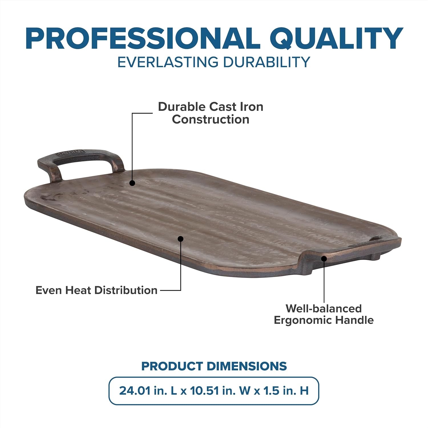 Viking Nonstick Double Burner Griddle, 24 Inch Bronze Cast Iron Grill Pan, Made without PFAS, Induction Compatible, Oven Safe to 500F