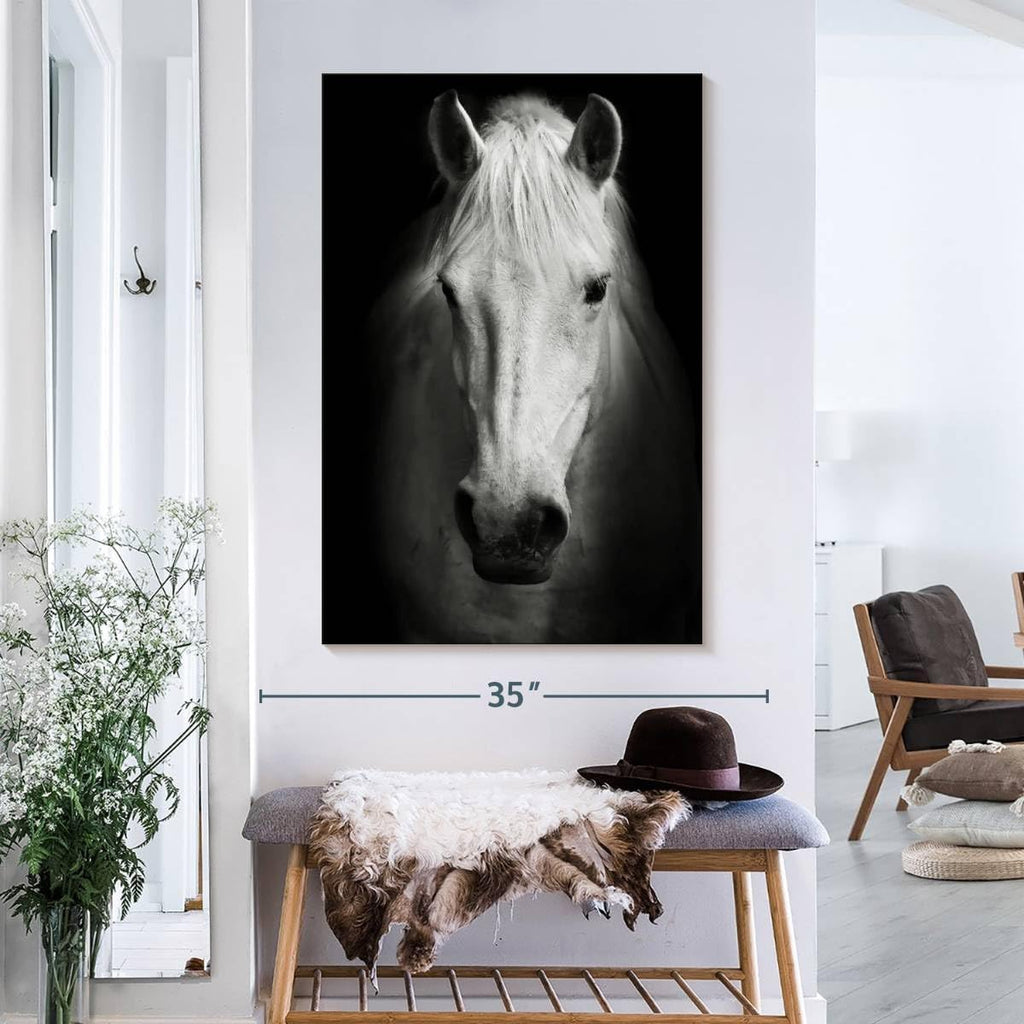 ElephantStock - White Thoroughbred Horse Wall Art - Vertical Canvas Wall Art - Living Room Wall Decor - Photography Animal Canvas Art - Black And White Decor - 26' x 39'