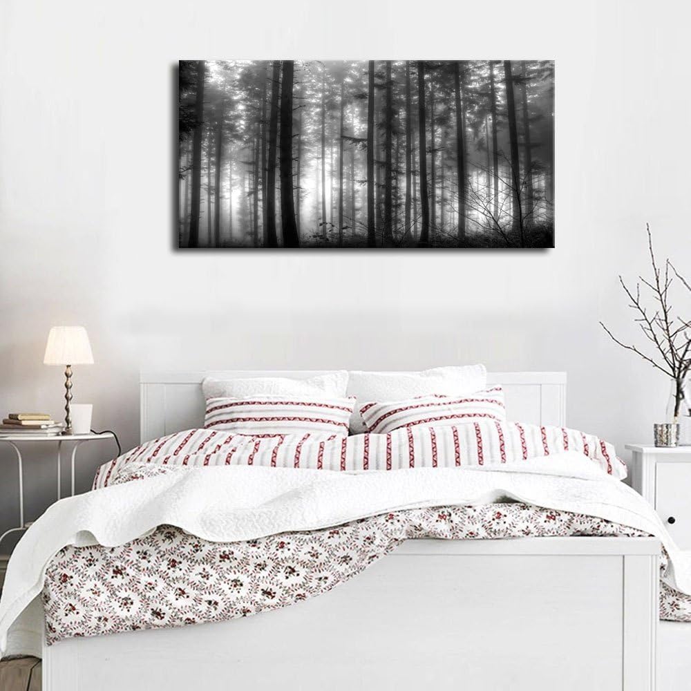 Foggy Forest Wall Art Living Room Wall Decor Black and White Woods Large Canvas Picture Modern Landscape Artwork Big Trees Contemporary Nature Pictures for Living Room Bedroom Home Office Kitchen Wall Decor 29' x 58'