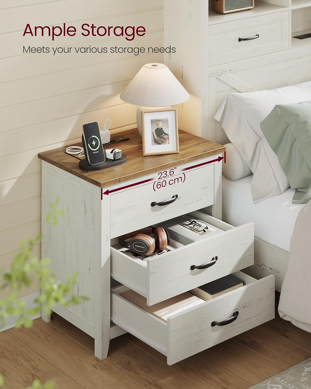 VASAGLE LIRY Collection - Farmhouse Nightstand with Charging Station, Set of 2, Bedside Tables, Side End Tables with 3 Drawers, for Bedroom, Rustic White and Honey Brown ULET979W01