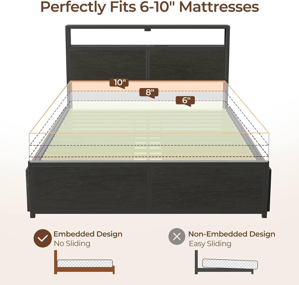 Rolanstar Full Size Bed Frame with 4 Storage Drawers & 2-Tier Storage Headboard, Metal Platform Bed Frame with Charging Station & LED Lights, Noise-Free, No Box Spring Needed, Easy Assembly, Black Oak