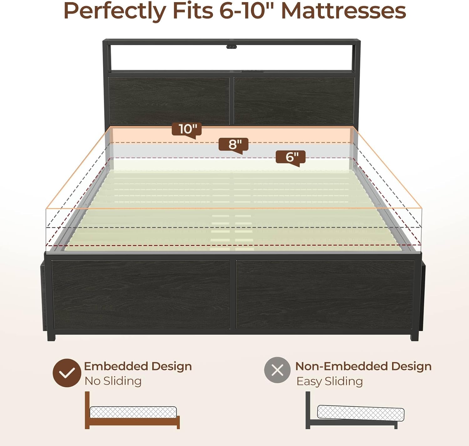 Rolanstar Full Size Bed Frame with 4 Storage Drawers & 2-Tier Storage Headboard, Metal Platform Bed Frame with Charging Station & LED Lights, Noise-Free, No Box Spring Needed, Easy Assembly, Black Oak
