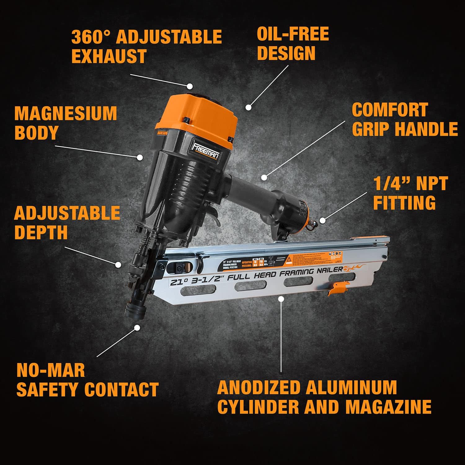 Freeman PFR2190 Pneumatic 21 Degree 3-1/2' Framing Nailer with Case