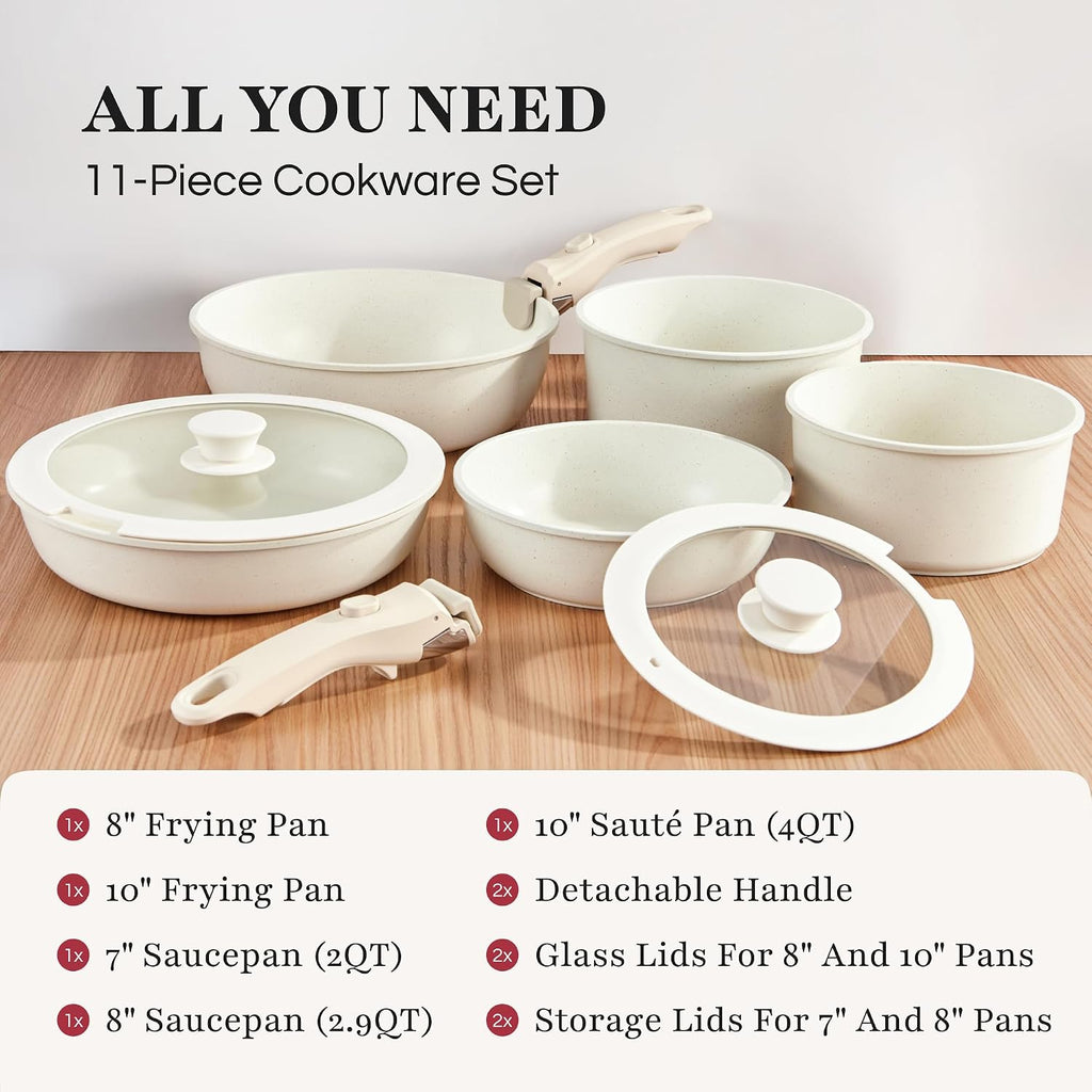 GOURMETIFIC® Pots and Pans Cookware Set [11 PIECES] - Non Toxic Ceramic Coated Cooking Ware - Induction, Gas & Oven Kitchenware - Non Stick Pot & Pan with Removable Handles & Stackable (Mint Green)