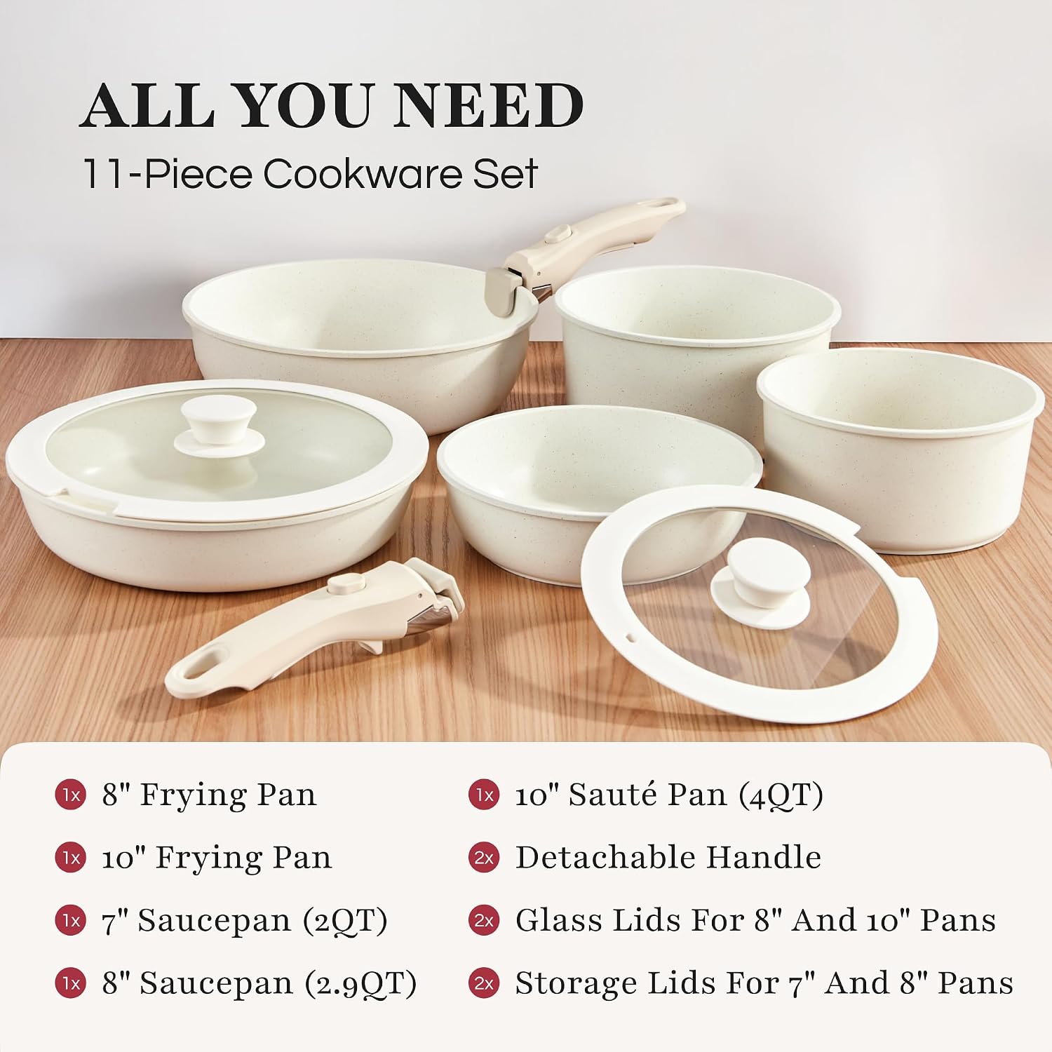 GOURMETIFIC® Pots and Pans Cookware Set [11 PIECES] - Non Toxic Ceramic Coated Cooking Ware - Induction, Gas & Oven Kitchenware - Non Stick Pot & Pan with Removable Handles & Stackable (Blush Pink)