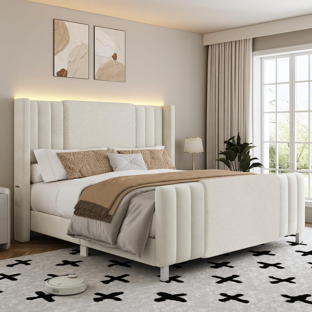 Lihimte King Size Bed Frame with Tall Headboard and Footboard, Boucle and Velvet Upholstered Bed Frame King with LED Lights, Modern Platform Bed Frames, Noiseless, Easy Assembly, White