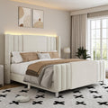 Lihimte King Size Bed Frame with Tall Headboard and Footboard, Boucle and Velvet Upholstered Bed Frame King with LED Lights, Modern Platform Bed Frames, Noiseless, Easy Assembly, White