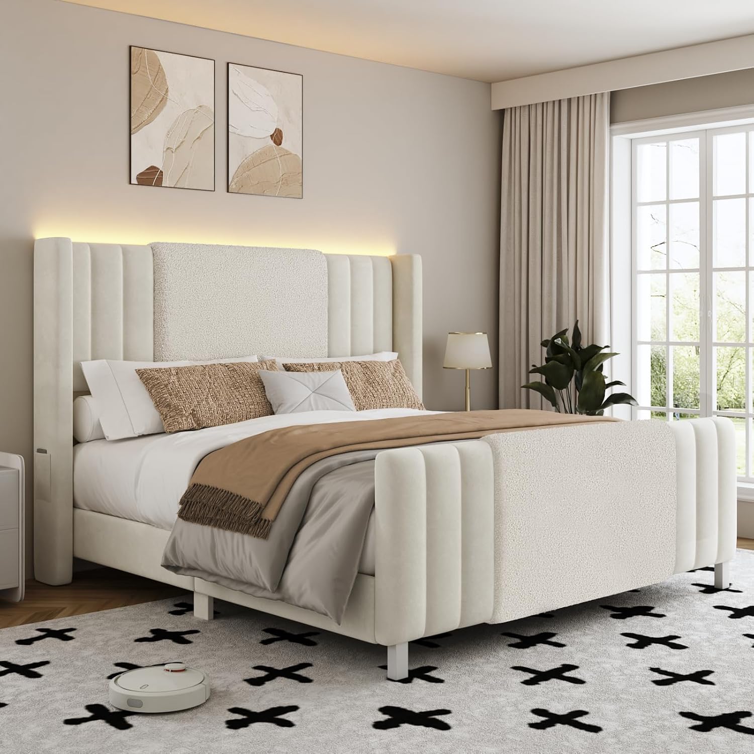 Lihimte King Size Bed Frame with Tall Headboard and Footboard, Boucle and Velvet Upholstered Bed Frame King with LED Lights, Modern Platform Bed Frames, Noiseless, Easy Assembly, White
