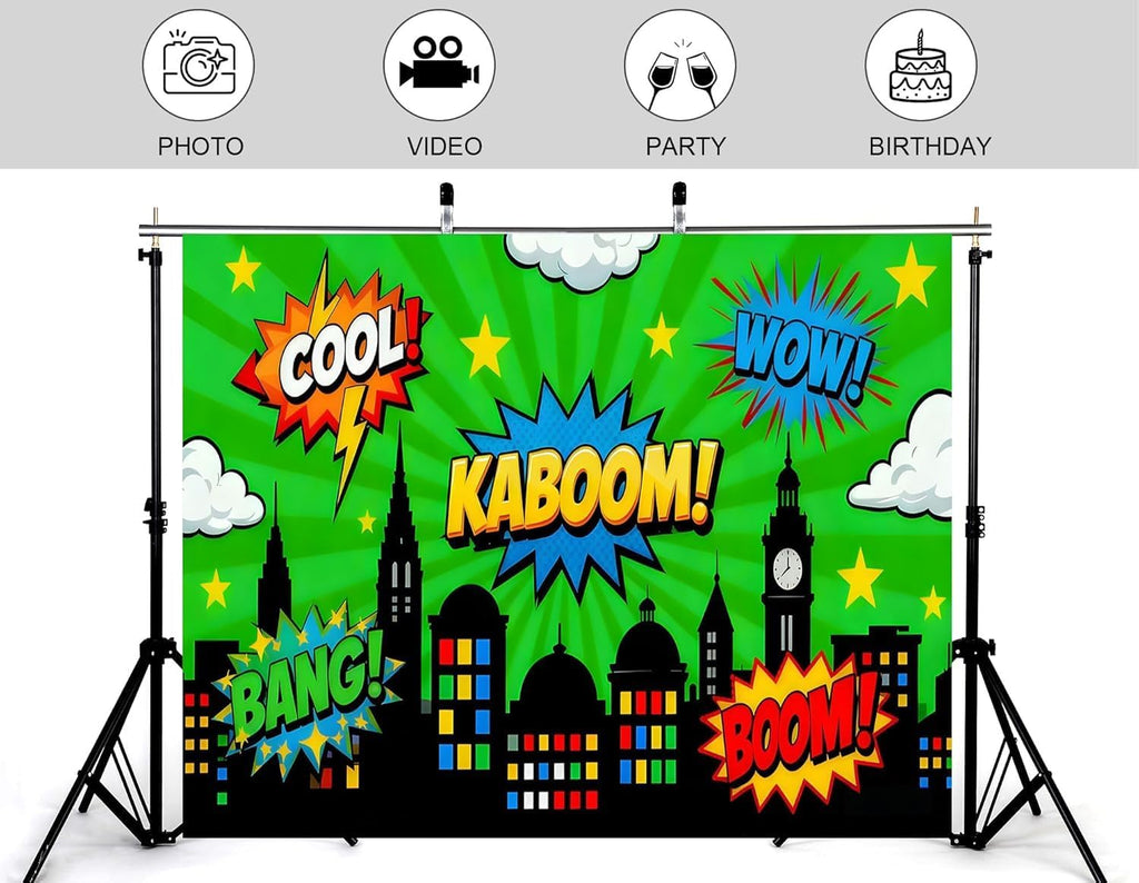 20x10ft Superhero Comic Book Style Photography Backdrop City Skyline Background with Pop Art TextGreen and Multi-Color Design for Party Birthday Decoration