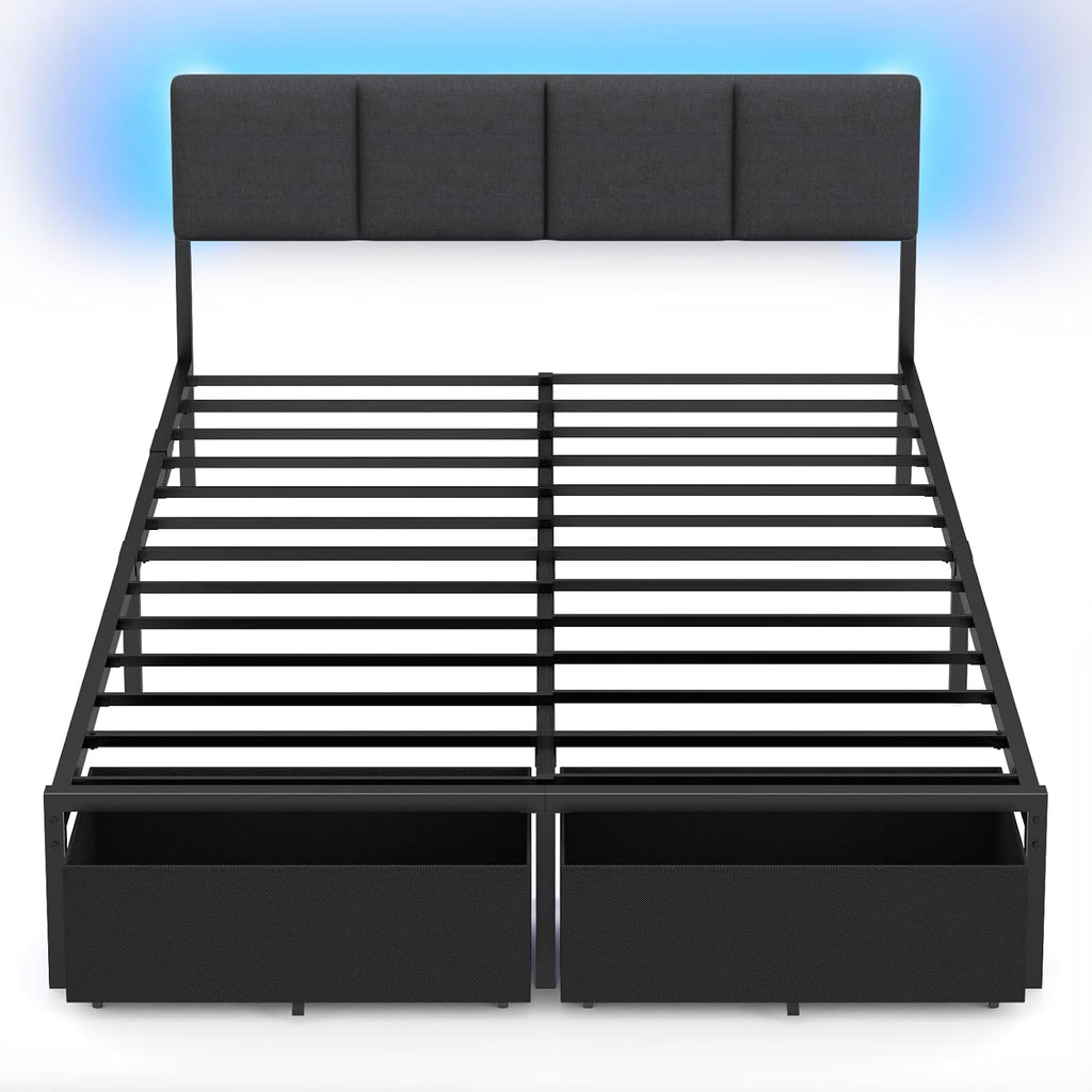 Furnulem Queen Bed Frame with Adjustable Headboard, Upholstered Bed with 2 Storage Drawers, Built-in USB Charging Station & LED Lights, Platform Bedframe with Metal Slats, No Spring Box Needed, Grey