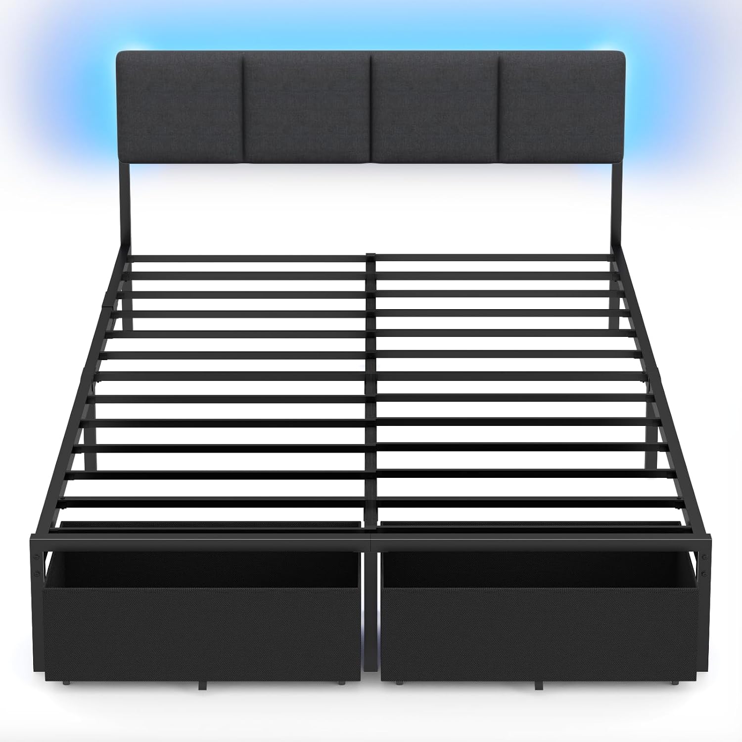 Furnulem Queen Bed Frame with Adjustable Headboard, Upholstered Bed with 2 Storage Drawers, Built-in USB Charging Station & LED Lights, Platform Bedframe with Metal Slats, No Spring Box Needed, Grey