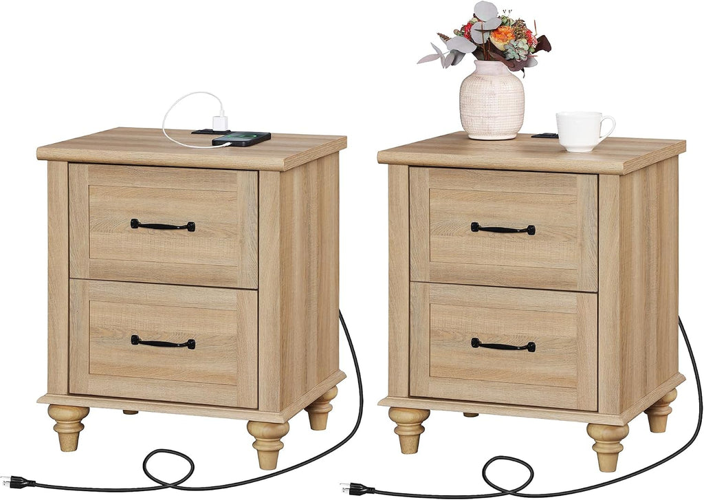 WAMPAT Nightstands with Charging Station Set of 2, 20 Inch Night Stand with 2 Drawers, Wooden Rustic Bedside Table End Tables with Solid Wood Legs for Bedroom, Natural Oak