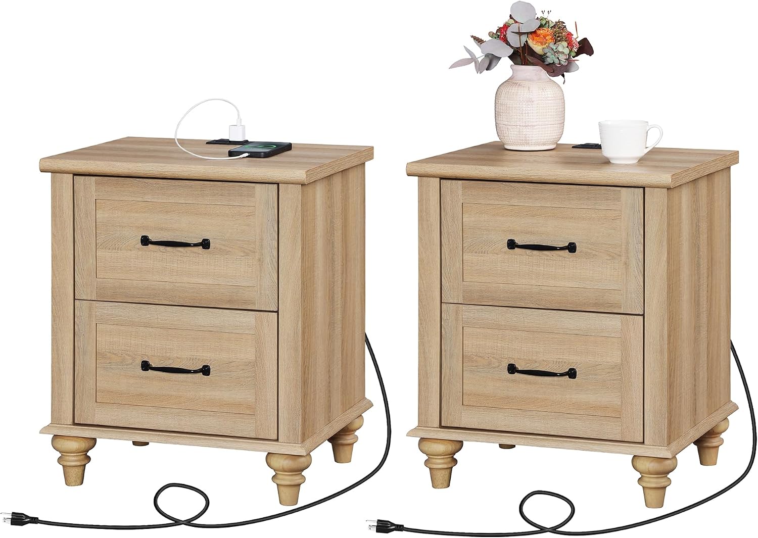 WAMPAT Nightstands with Charging Station Set of 2, 20 Inch Night Stand with 2 Drawers, Wooden Rustic Bedside Table End Tables with Solid Wood Legs for Bedroom, Natural Oak