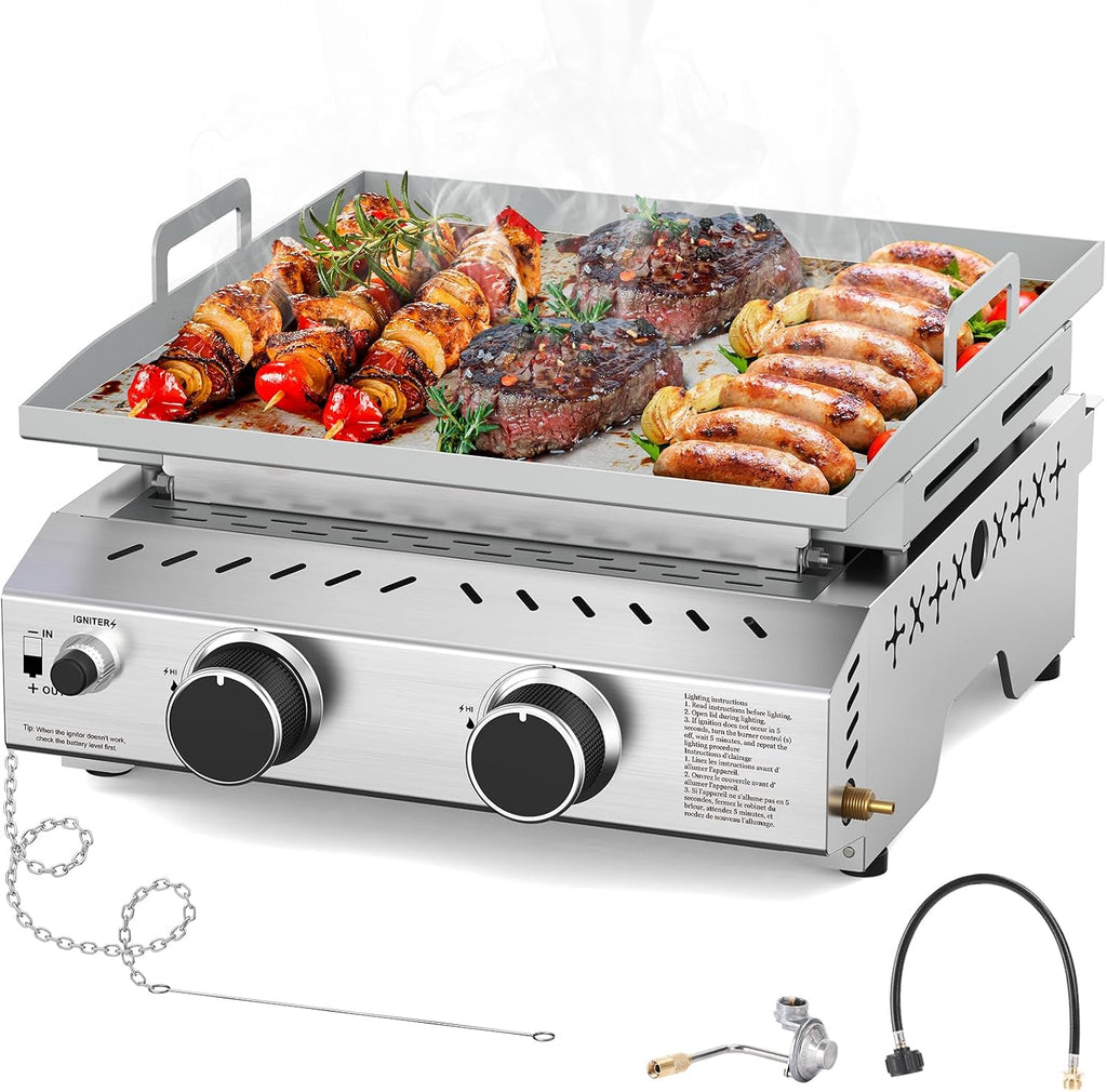 Electactic Portable 2 Burner Flat Top Grill, 23' Table Top Gas with Handle, 333 Sq. In. Cooking Area, 16000 BTU Outdoor Griddle for Kitchen, BBQ, Camping, Stainless Steel