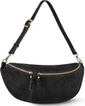 Italian Genuine Suede Crossbody Bag for Women with Zipper & Detachable Strap | Large Travel Chest Sling Fanny Pack (Black)