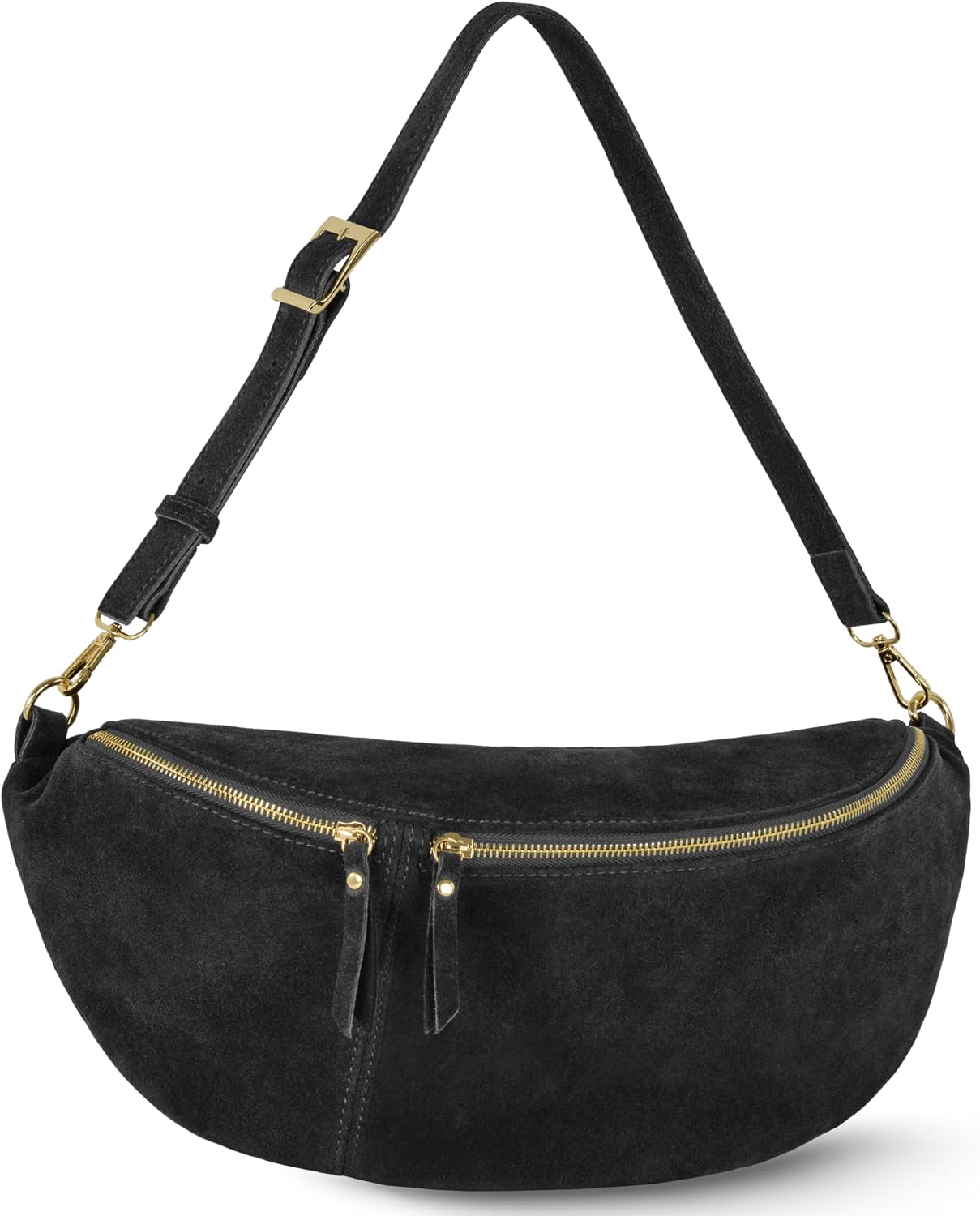 Italian Genuine Suede Crossbody Bag for Women with Zipper & Detachable Strap | Large Travel Chest Sling Fanny Pack (Black)