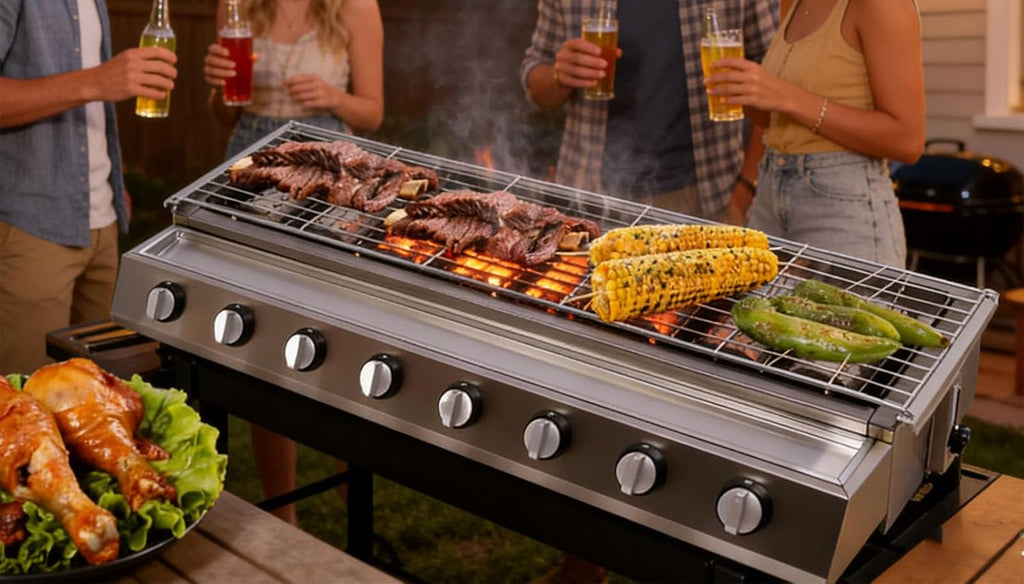 Tabletop Grill,LPG Gas BBQ Grill with 6/8 Burners, Portable Gas Barbecue Griddle,Removable Grids, Adjustable Height, for Indoor Kitchen Use for Parties, Backyard Gatherings B
