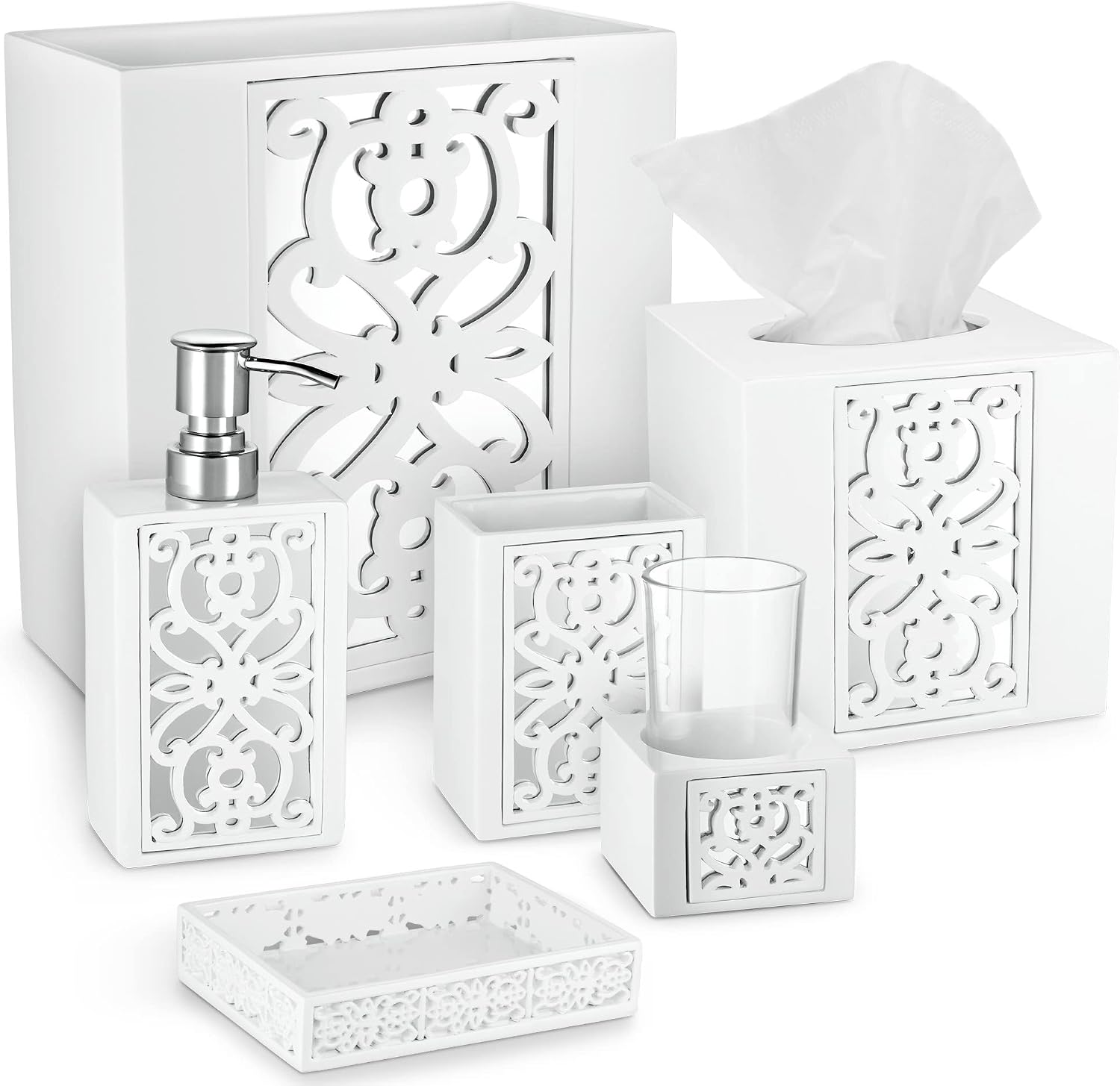 Creative Scents Mirror Janette White Bathroom Accessories Set Complete - 6 Piece Bathroom Set Includes: Soap Dispenser, Toothbrush Holder, Tumbler Cup, Soap Dish, Tissue Cover, and Wastebasket