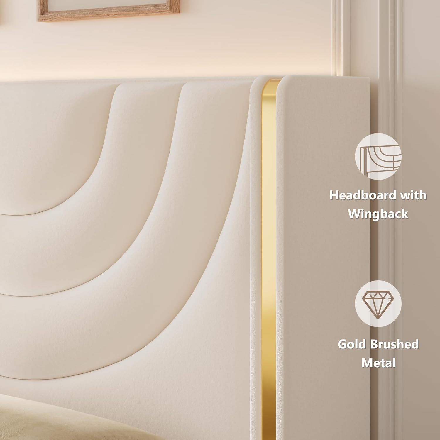 HITHOS Full Upholstered LED Bed Frame with 2 Storage Drawers, Velvet Platform Bed with Wingback Headboard, Solid Wooden Slats Support, No Box Spring Needed, Headboard Splicing Design, Beige