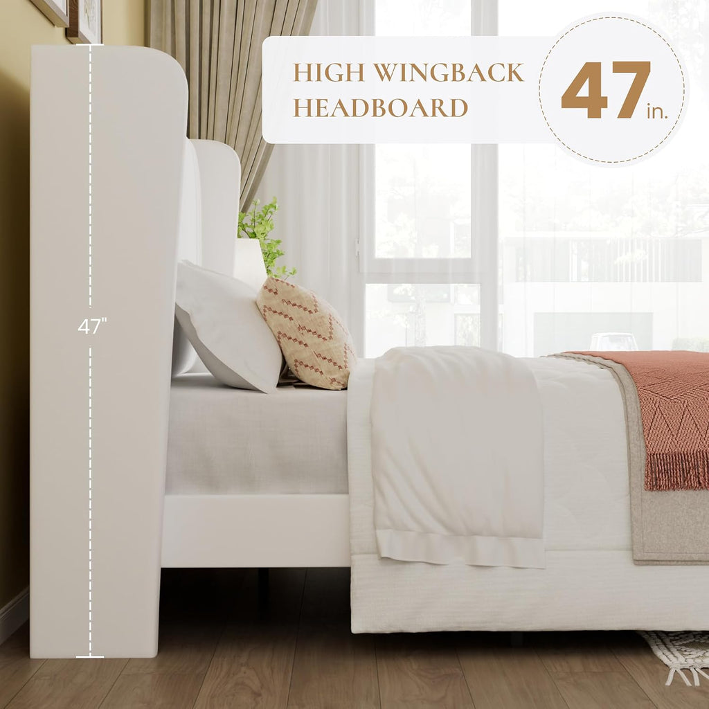 SHA CERLIN Full Size Velvet Upholstered Platform Bed Frame with Vertical Channel Tufted Wingback Headboard, Wooden Slats Support, Easy Assembly, Under Bed Storage, No Box Spring Required, White