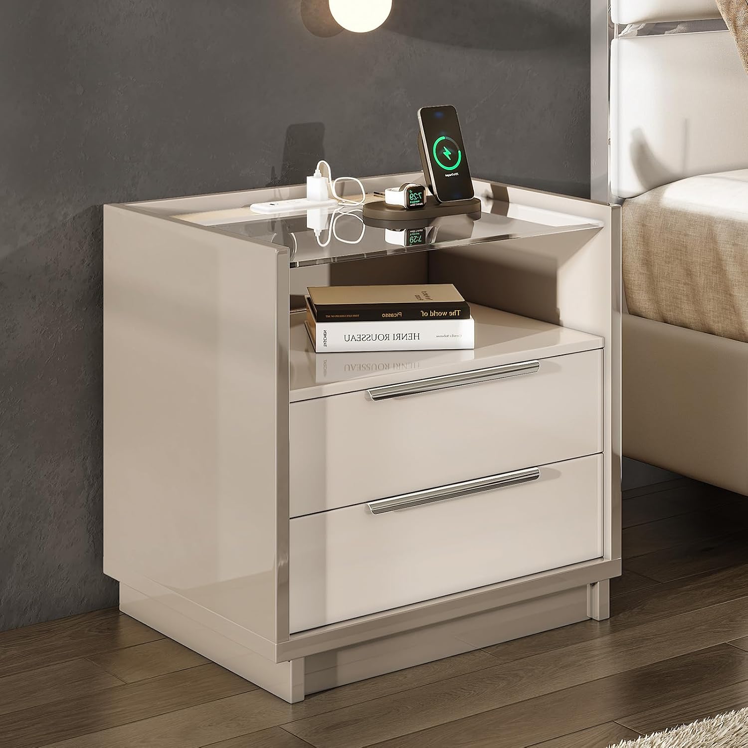 AMERLIFE 23.6' Nightstand, High Gloss End Table with Glass Tabletop, Modern Bedside Table with Charging Station, 2 Drawers Nightstand for Bedroom, Cream & Gray