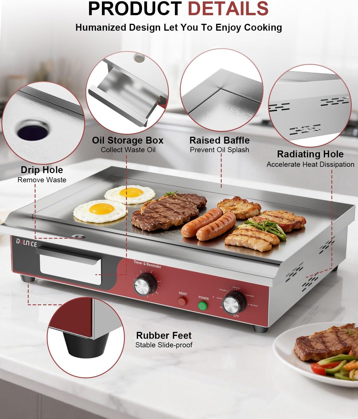 22' Commercial Electric Griddle 1500W, Flat Top Grill with 5-Min Reminder Timer, Adjustable Temp Control (122°F-572°F), Stainless Steel Countertop Griddle for Restaurant & Home Kitchen