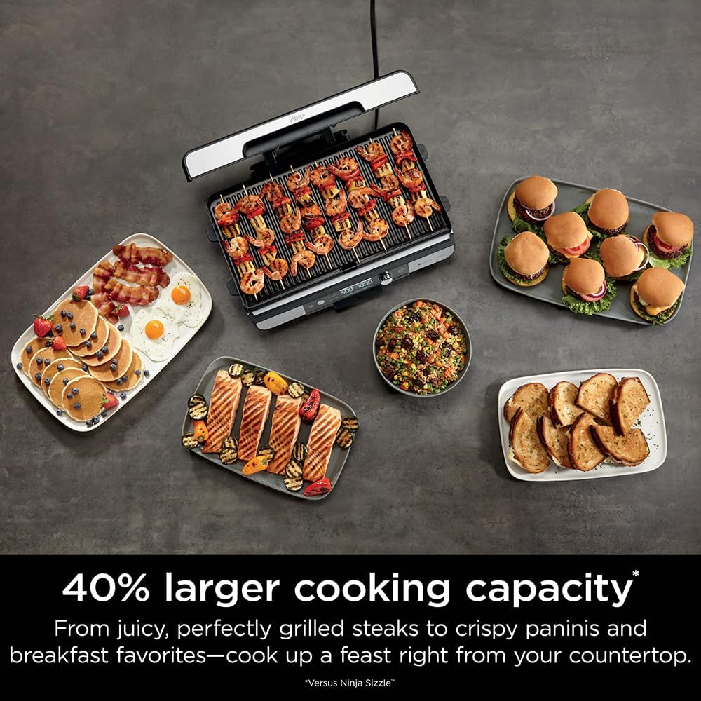 Ninja Sizzle Pro XL 20-Inch Indoor Griddle + Grill, Detachable Ventilated Lid, Grease Control, Ceramic Nonstick Plates, Even Edge-to-Edge Cooking, XL Capacity, Versatile, Silver GX101 (Renewed)