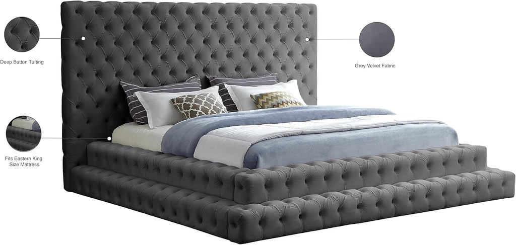 Meridian Furniture RevelGrey-K Revel Collection Modern | Contemporary Grey Velvet Upholstered Bed with Deep Button Tufting, 101' W x 98' D x 60' H, Grey, King