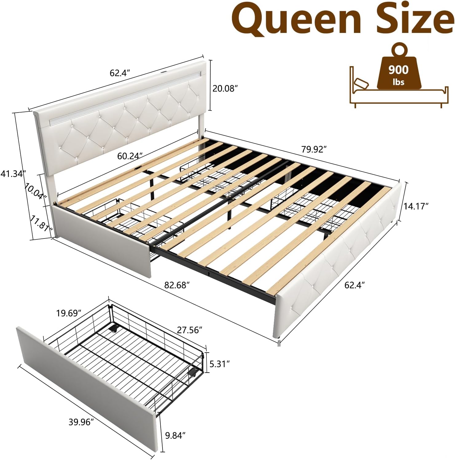 Benevika Queen Size Bed Frame with 4 Drawers and Adjustable LED Headboard, PU Leather Upholstered Platform Storage Bed with Charging Station, Wooden Slats Support, No Box Spring Needed, White