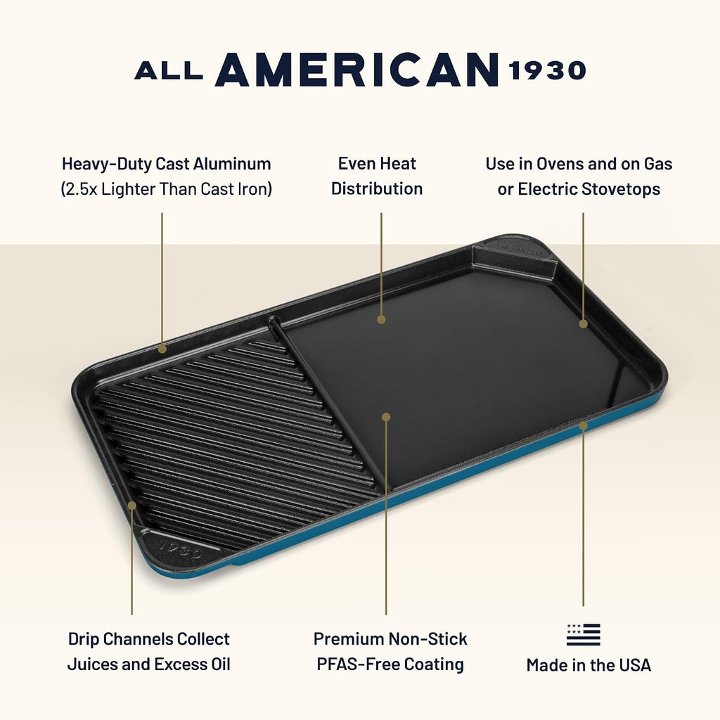 All American 1930 - Ultimate 60/40 Griddle with Ceramic Non-Stick Coating - Berry Blue - Durable & PFAS Free - Indoor Griddle for Easy Prep, Cooking, & Cleaning - Made in the USA
