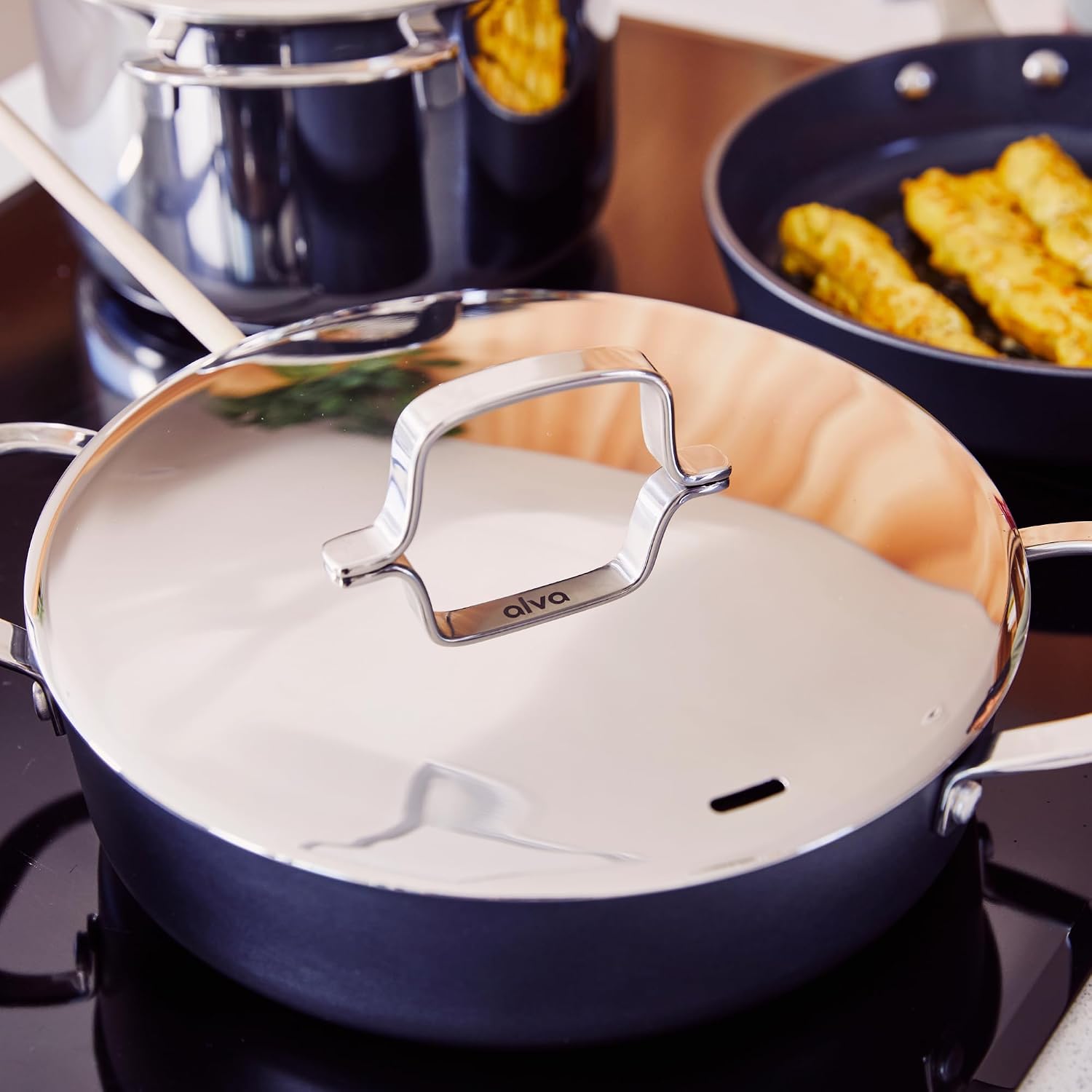 Alva Maestro 3.5 Qt Nonstick Ceramic Saute Pan with Lid, Non Stick Pan with Lid, Saute Pan Nonstick, Large Skillet with Lid, PFAS Free, Induction Compatible, Oven Safe Cooking Pan