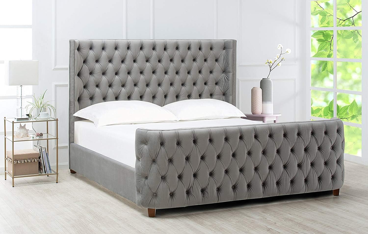Jennifer Taylor Home Brooklyn King Tufted Panel Bed Headboard and Footboard Set, Opal Grey Velvet