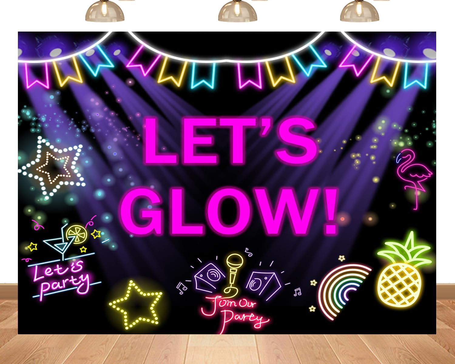 20x10ft Fabric Neon Backdrop Let's Glow Party Supplies Funny Cute Glitter Doodle Decoration Kids Birthday Party Celebration Day Party Photography Banner