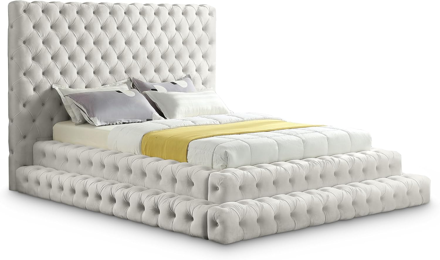 Meridian Furniture RevelCream-Q Revel Collection Modern | Contemporary Cream Velvet Upholstered Bed with Deep Button Tufting, 85' W x 98' D x 60' H, Cream, Queen