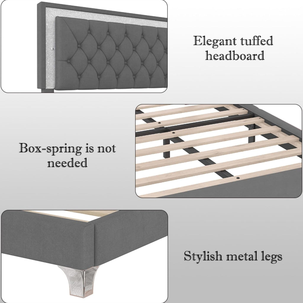 Flieks Bedroom Sets, 3-Pieces Bedroom Sets, Queen Size Upholstered Platform Bed with LED Lights and 2 Nightstands, Gray