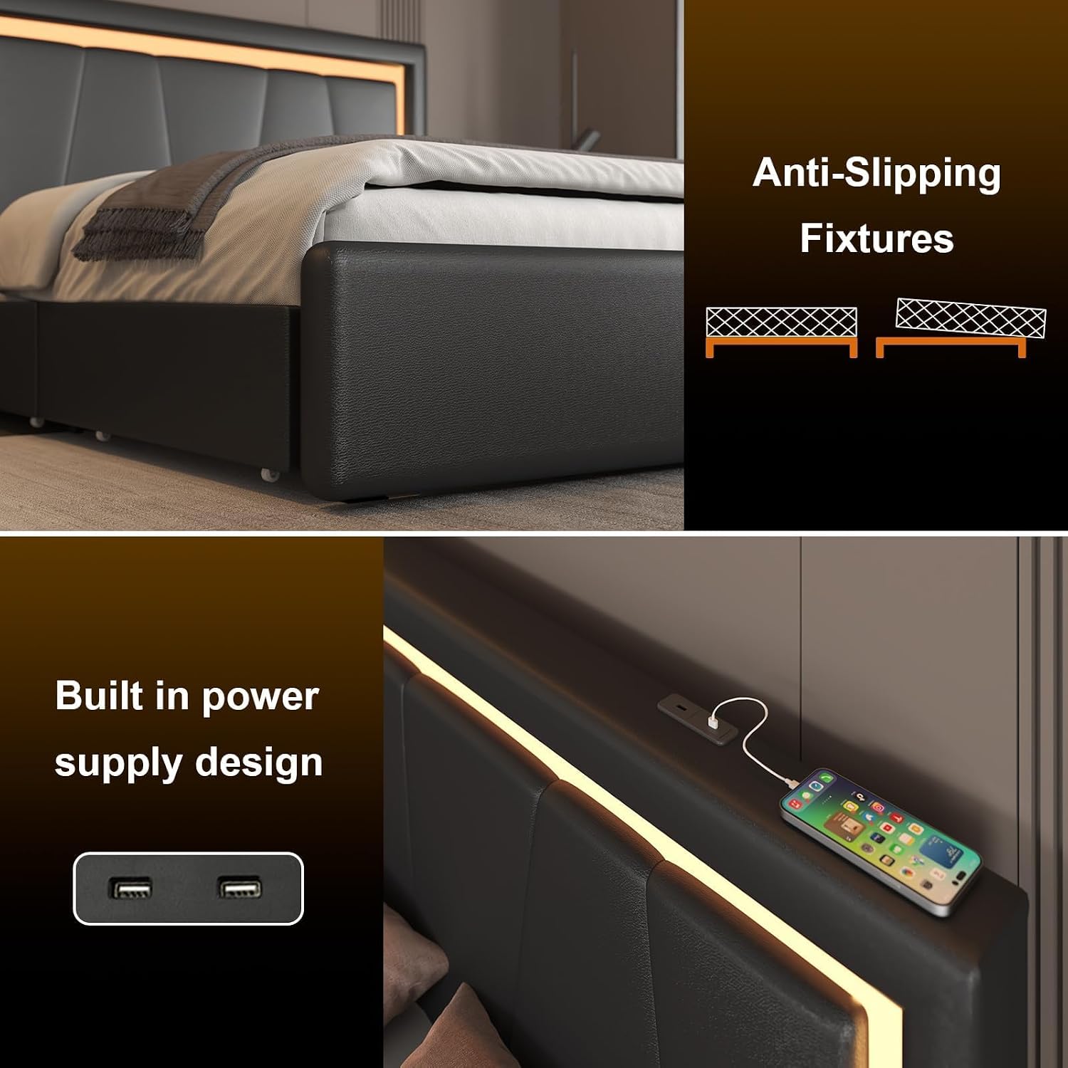 Benevika Full Bed Frame with 4 Storage Drawers and Adjustable Headboard, Upholstered Platform Bed with LED Lights and USB Ports, Solid Wooden Slats Support, Faux Leather, Easy Assembly, Black