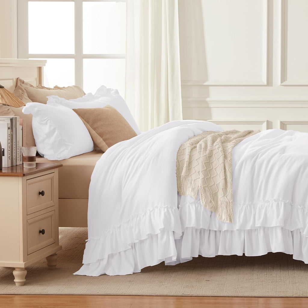 Andency Super King Plus Ruffle Comforter Set 128x120, 3 Pieces Farmhouse Shabby Chic Bedding Set, Soft Lightweight Oversized California King Comforter Set (1 Comforter 2 Pillowcases), White