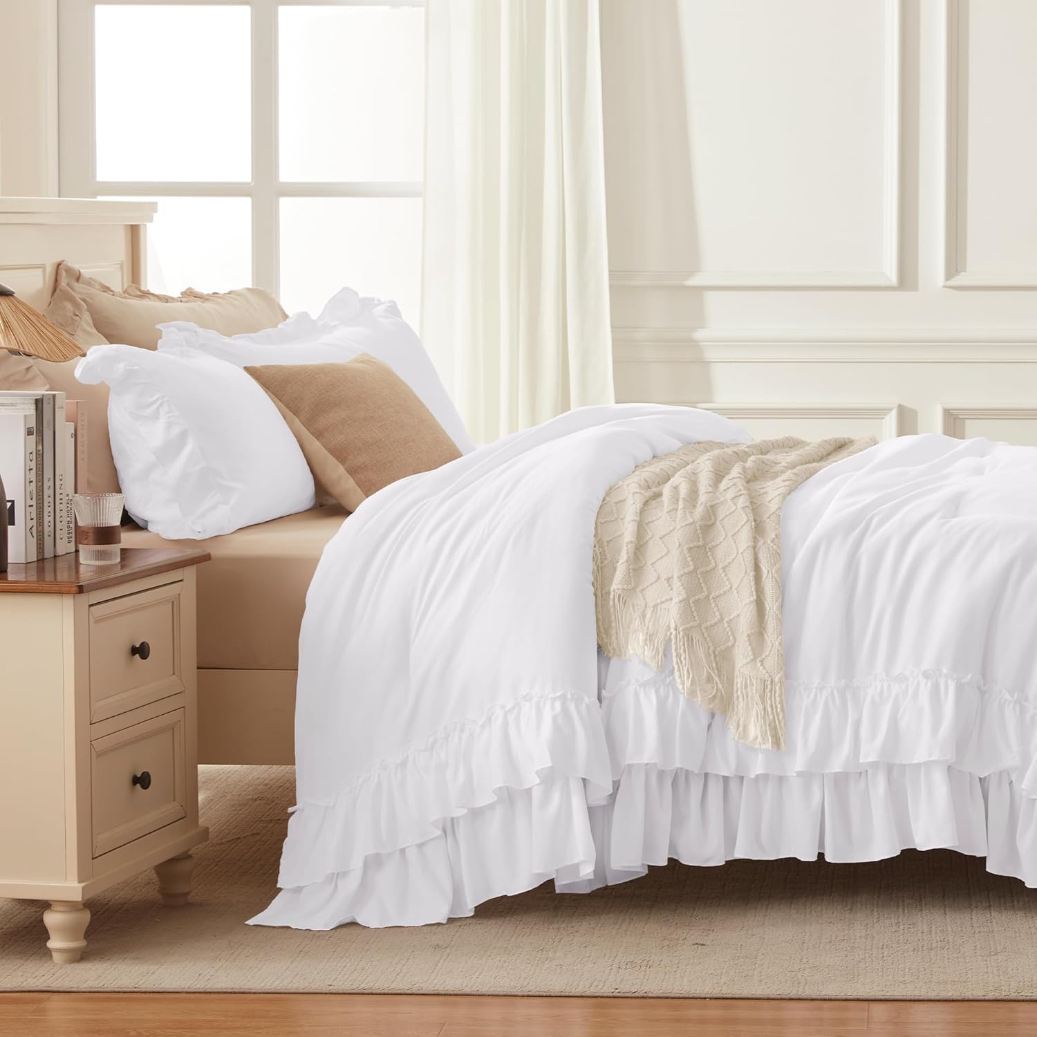 Andency Super King Plus Ruffle Comforter Set 128x120, 3 Pieces Farmhouse Shabby Chic Bedding Set, Soft Lightweight Oversized California King Comforter Set (1 Comforter 2 Pillowcases), White